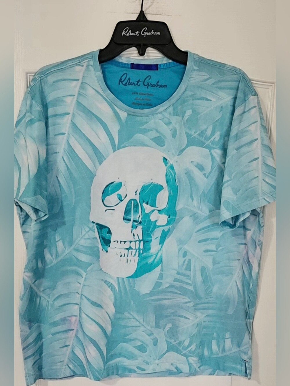Robert Graham Aqua Teal Skull & Leaf Graphic Tee